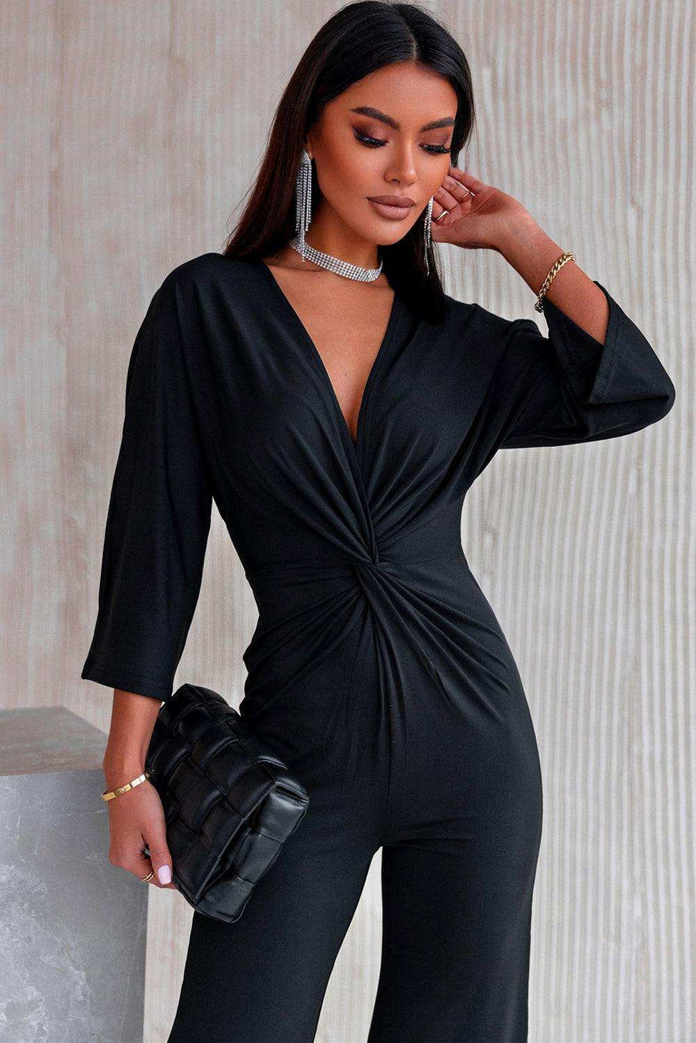 Twisted Plunge Three-Quarter Sleeve Jumpsuit - Trendsi - Flyclothing LLC