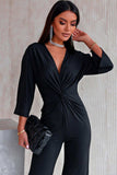Twisted Plunge Three-Quarter Sleeve Jumpsuit - Trendsi - Flyclothing LLC