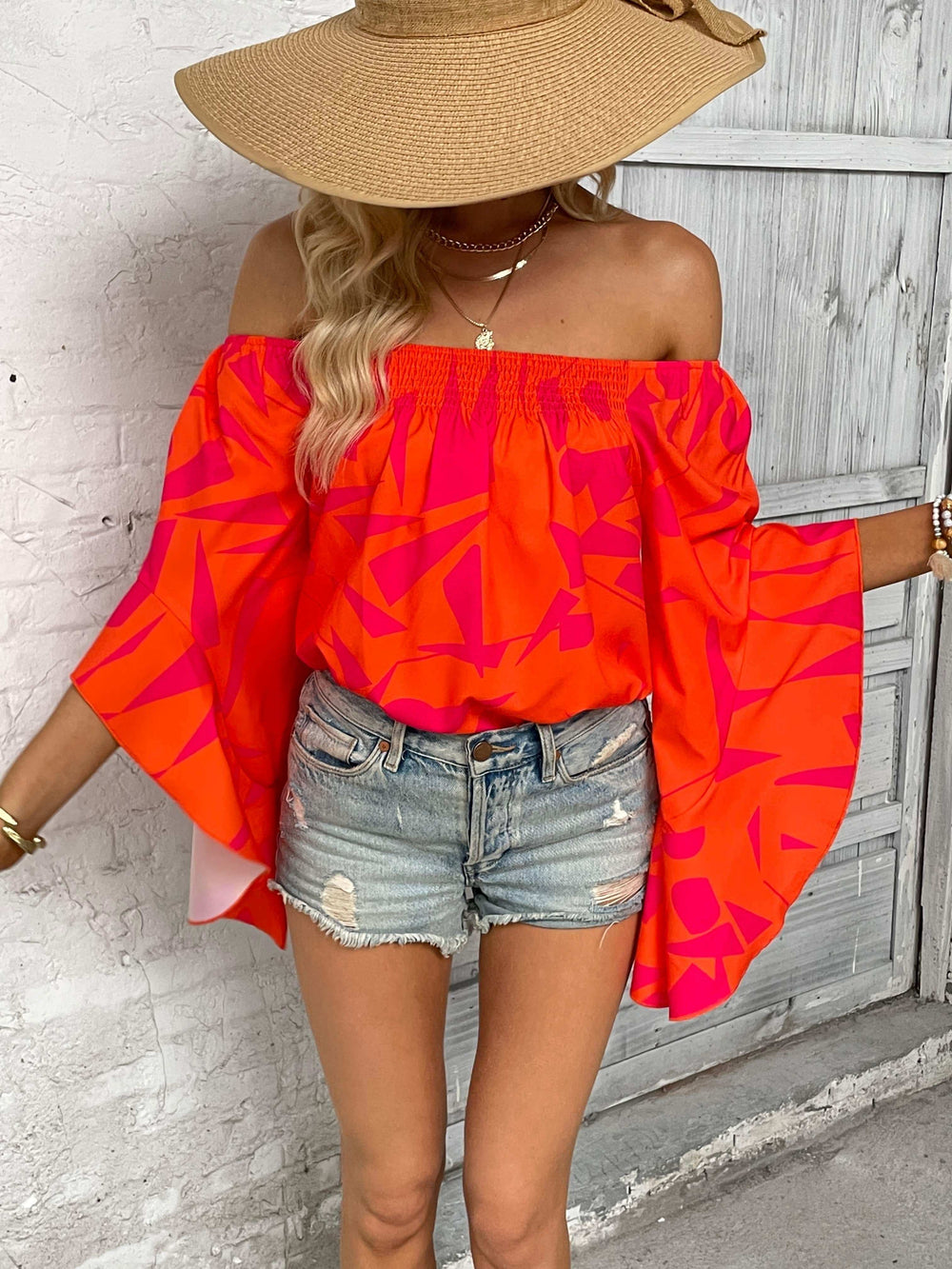 Printed Off-Shoulder Bell Sleeve Blouse - Trendsi - Flyclothing LLC
