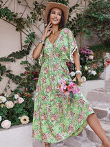 Smocked Floral V-Neck Short Sleeve Dress - Trendsi - Flyclothing LLC