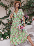 Smocked Floral V-Neck Short Sleeve Dress - Trendsi