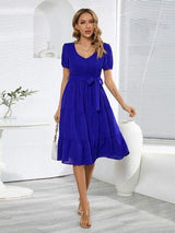 Smocked Tie Front Short Sleeve Tiered Dress - Trendsi - Flyclothing LLC