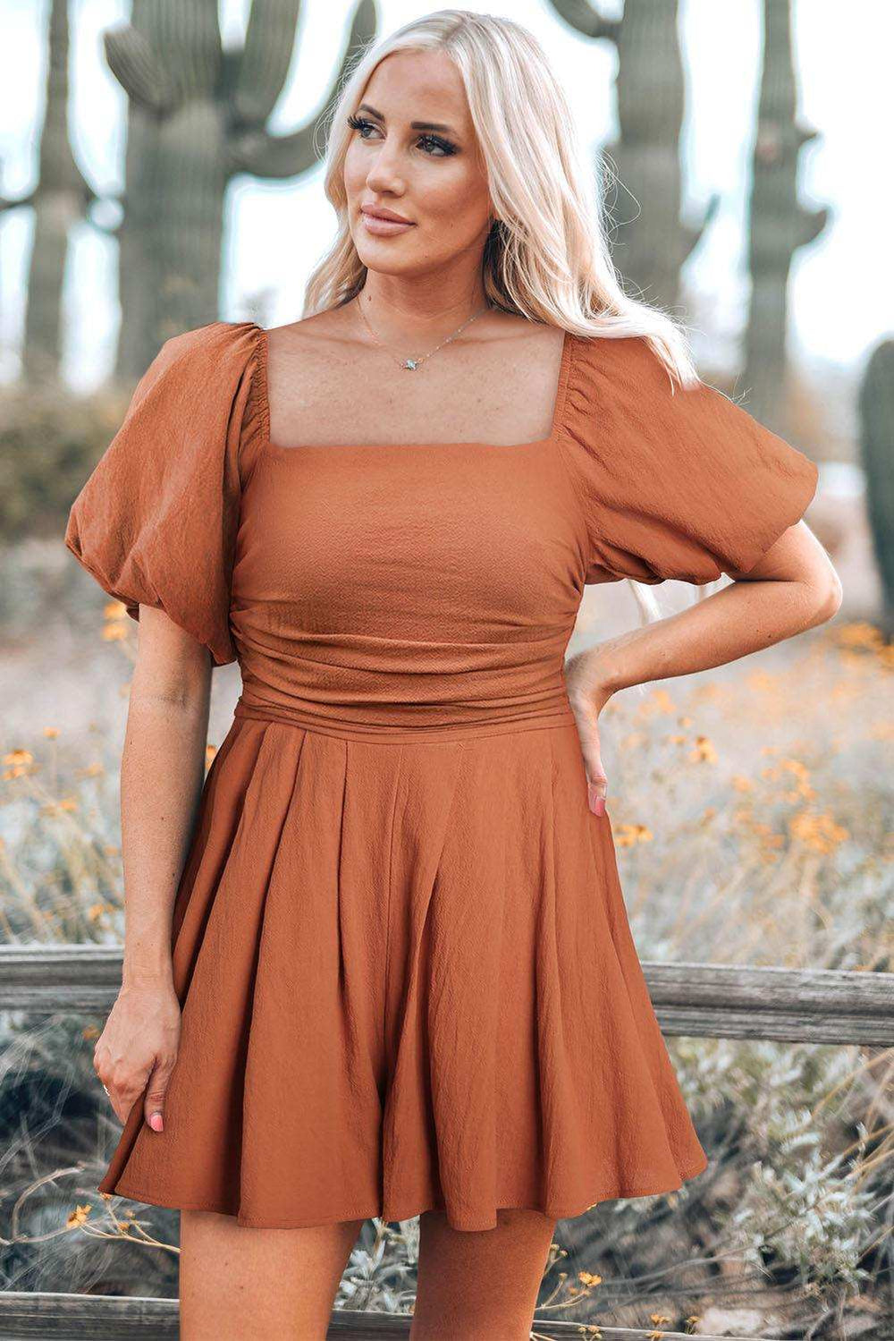 Square Neck Pleated Dress with Pockets - Trendsi - Flyclothing LLC