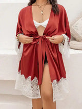 Plus Size Lace Patchwork Tie Front Robe - Trendsi - Flyclothing LLC