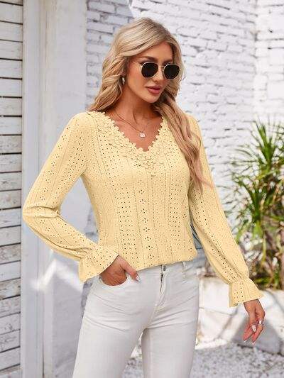 Applique V-Neck Flounce Sleeve T-Shirt - Trendsi - Flyclothing LLC