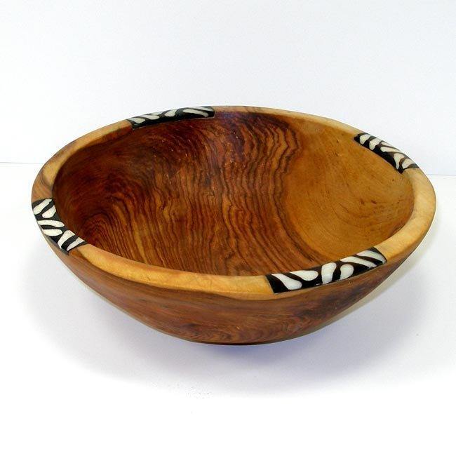Handcarved Olive Wood Bowl 9 inch with Inlaid Bone - Jedando Handicrafts - Jedando Handicrafts