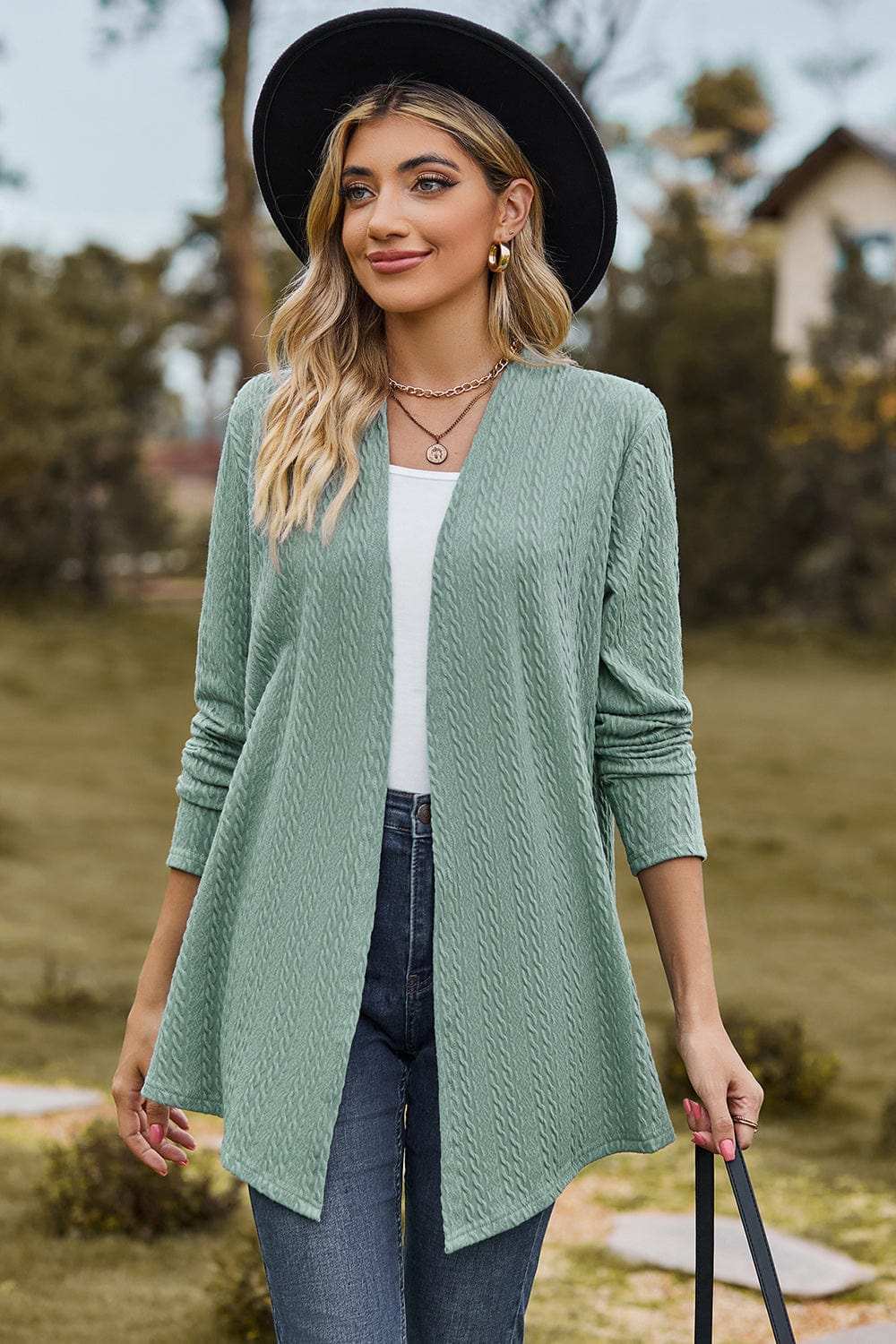 Textured Open Front Long Sleeve Cardigan - Trendsi - Flyclothing LLC