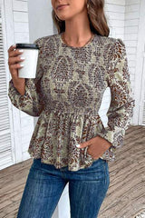 Smocked Printed Balloon Sleeve Blouse - Trendsi - Flyclothing LLC