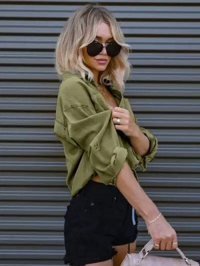 Drawstring Pocketed Button Up Denim Top - Trendsi - Flyclothing LLC