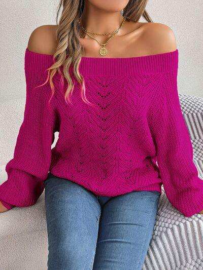 Openwork Off-Shoulder Long Sleeve Sweater - Trendsi - Flyclothing LLC