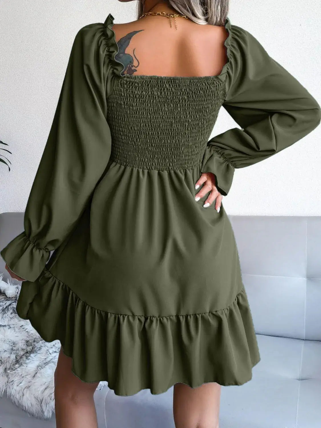 Smocked Flounce Sleeve Square Neck Dress - Trendsi - Flyclothing LLC