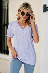 Eyelet Flounce Sleeve Scalloped V-Neck Top - Trendsi - Flyclothing LLC