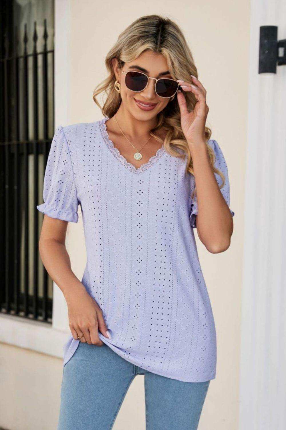 Eyelet Flounce Sleeve Scalloped V-Neck Top - Trendsi - Flyclothing LLC