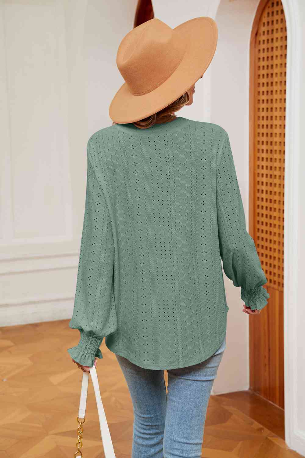 Notched Neck Flounce Sleeve Blouse - Trendsi - Flyclothing LLC