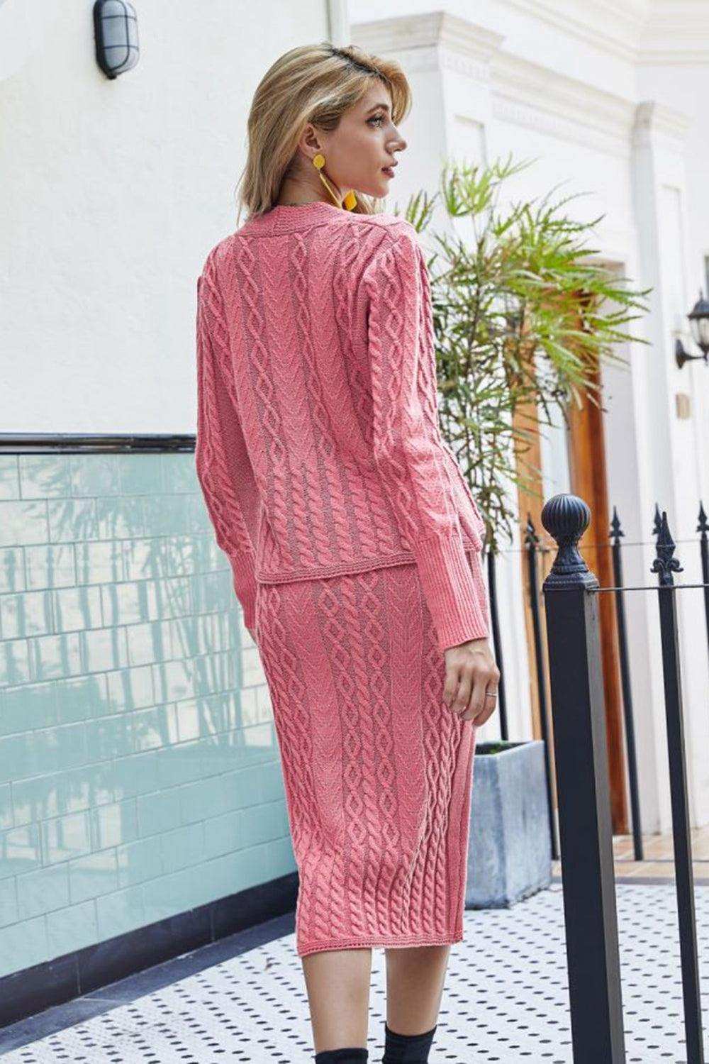 Mixed Knit V-Neck Cardigan and Knit Skirt Set - Trendsi - Flyclothing LLC