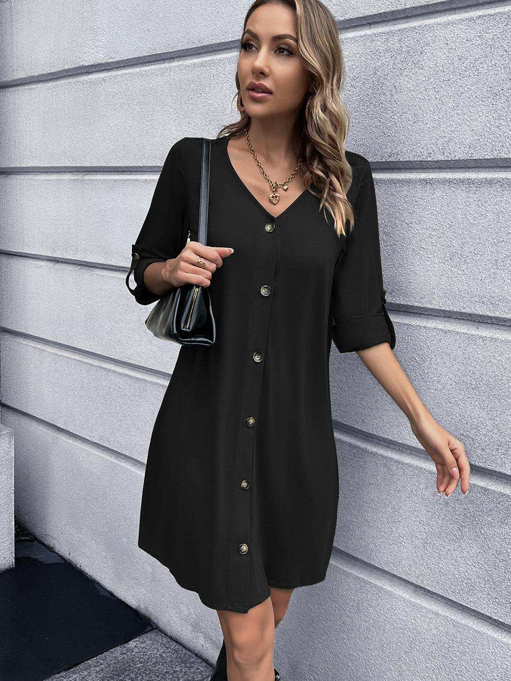 Button Down V-Neck Mini Dress - Trendsi - Flyclothing LLC