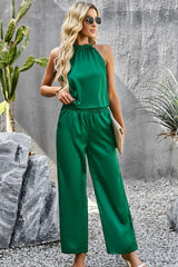 Grecian Neck Sleeveless Pocketed Top and Pants Set - Trendsi