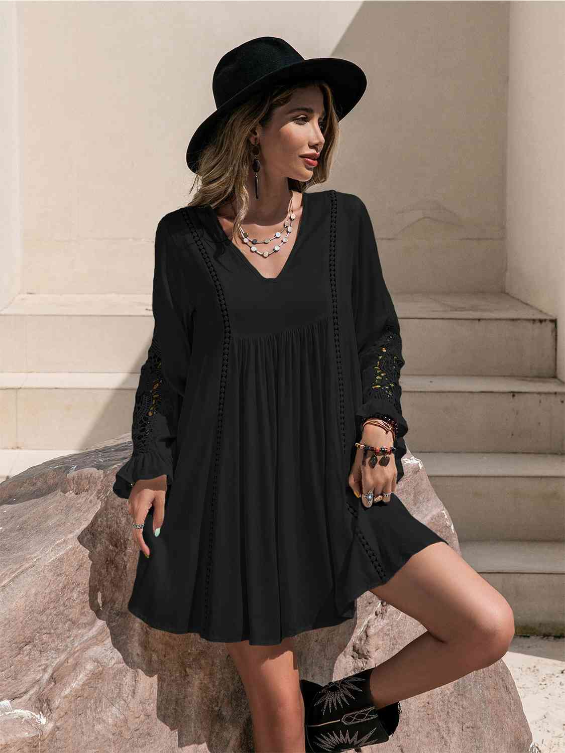 Lace Detail V-Neck Mini Dress - Trendsi - Flyclothing LLC