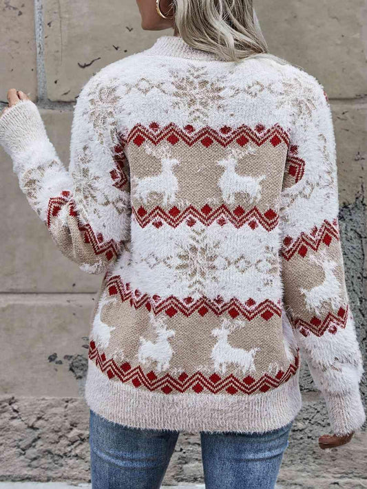 Reindeer & Snowflake Round Neck Sweater - Trendsi