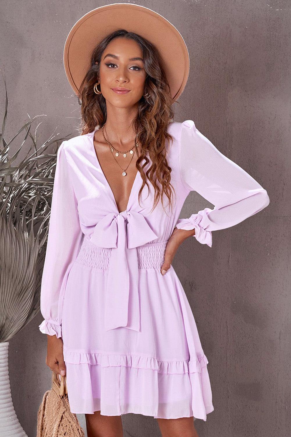 Tied Plunge Smocked Waist Flounce Sleeve Dress - Flyclothing LLC