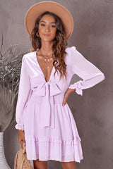 Tied Plunge Smocked Waist Flounce Sleeve Dress - Flyclothing LLC
