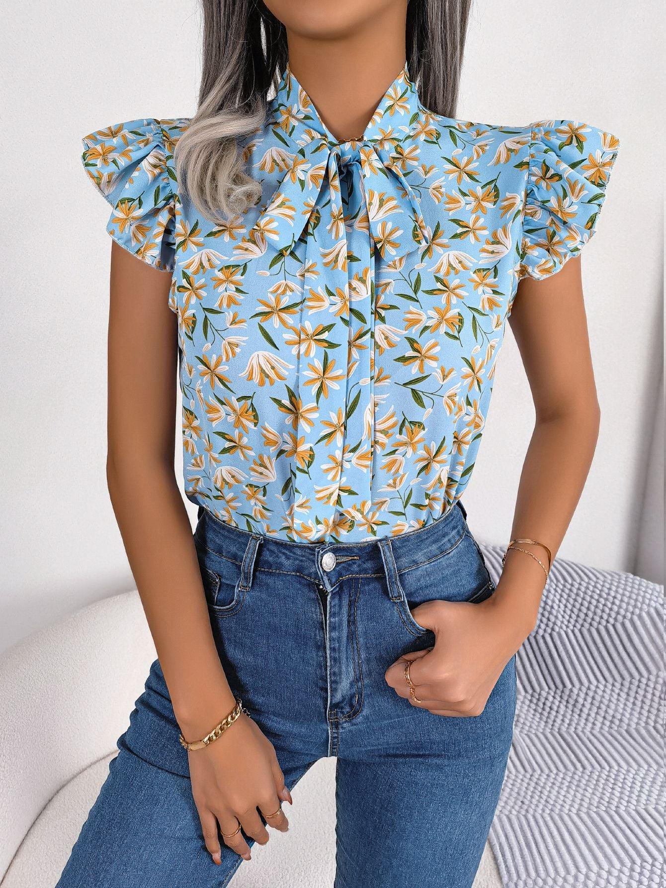 Floral Tie Neck Flutter Sleeve Blouse - Trendsi