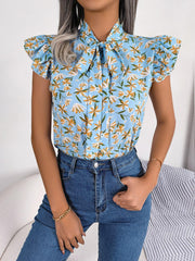 Floral Tie Neck Flutter Sleeve Blouse - Trendsi