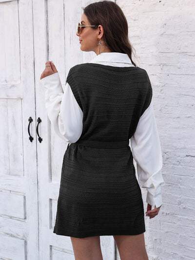 Tie Front V-Neck Sleeveless Slit Sweater Dress - Trendsi - Flyclothing LLC
