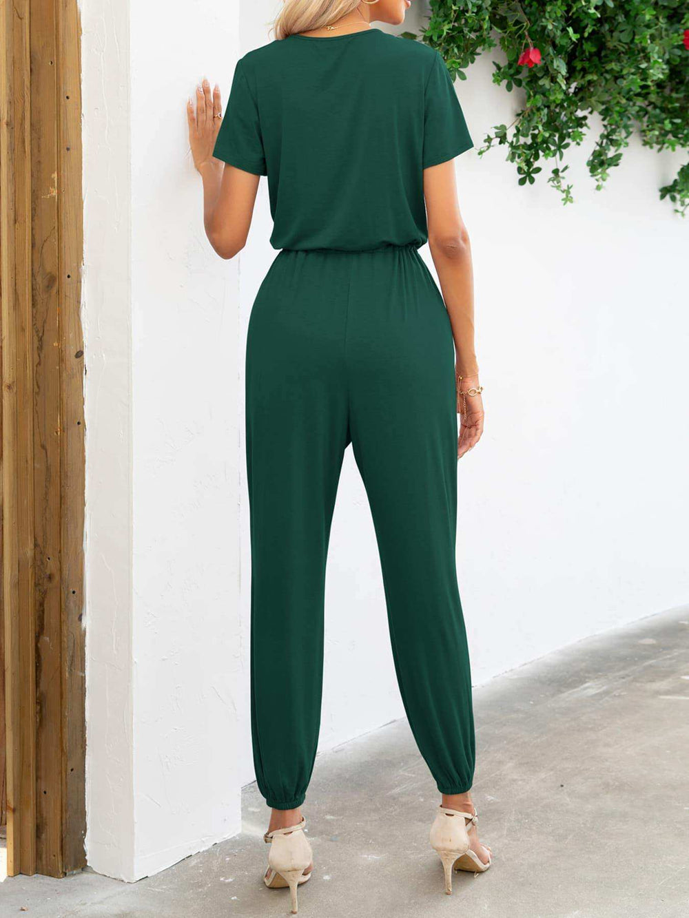 Short Sleeve V-Neck Jumpsuit with Pockets - Trendsi - Flyclothing LLC
