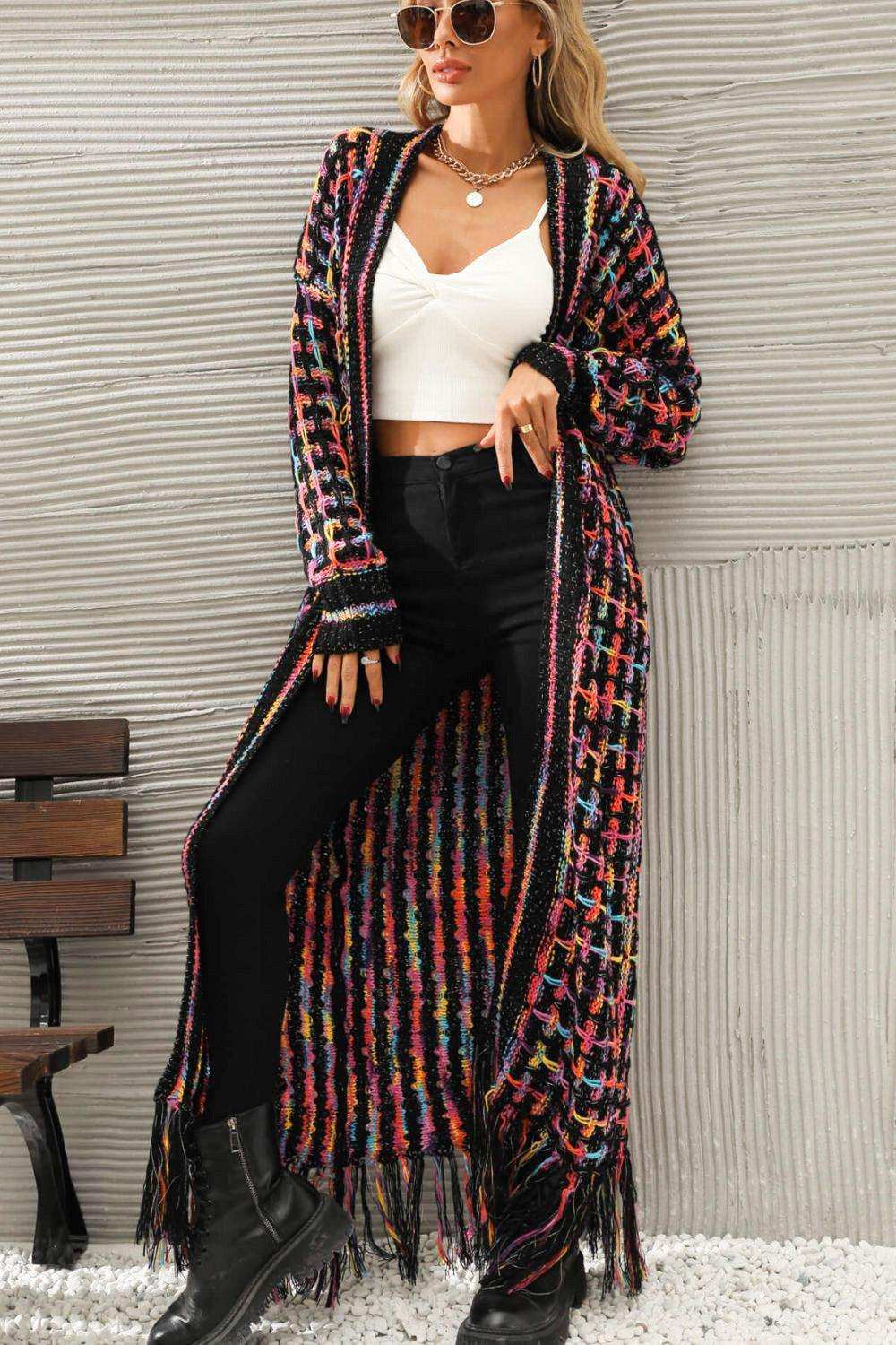 Multicolored Open Front Fringe Hem Cardigan - Trendsi - Flyclothing LLC