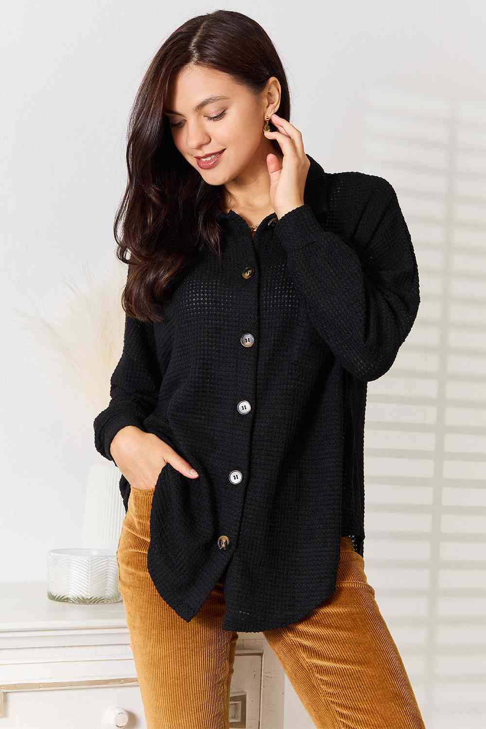 Double Take Waffle-Knit Collared Neck Dropped Shoulder Shirt - Trendsi - Flyclothing LLC