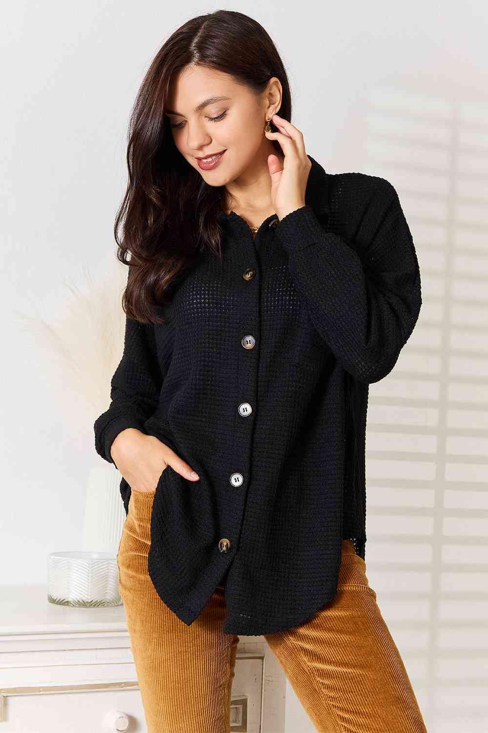 Double Take Waffle-Knit Collared Neck Dropped Shoulder Shirt - Trendsi