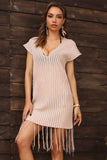 Fringe Hem Short Sleeve Deep V Cover Up Dress - Trendsi - Flyclothing LLC