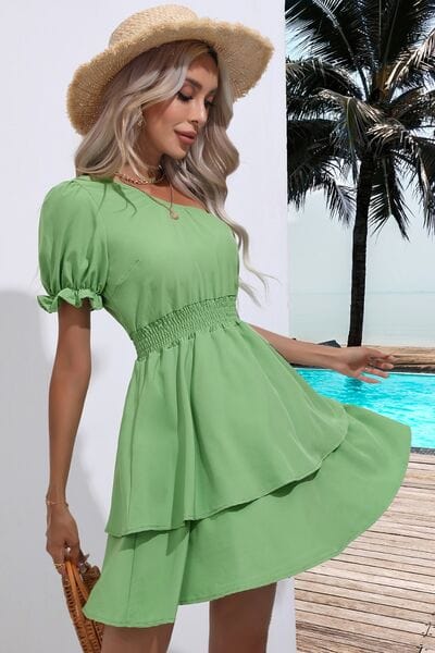 Layered Single Shoulder Flounce Sleeve Mini Dress - Trendsi