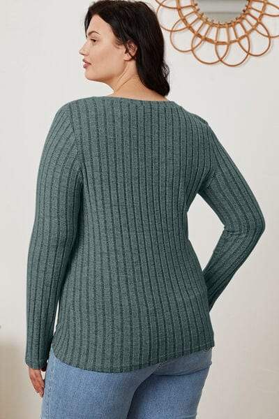 Basic Bae Full Size Ribbed V-Neck Long Sleeve T-Shirt - Trendsi - Flyclothing LLC