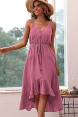 Spaghetti Strap Decorative Button Ruffled Dress - Trendsi - Flyclothing LLC