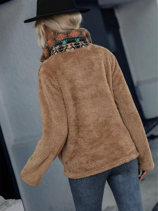 Geometric Quarter-Zip Collared Sweatshirt - Trendsi