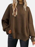 Round Neck Drop Shoulder Slit Sweater - Trendsi - Flyclothing LLC