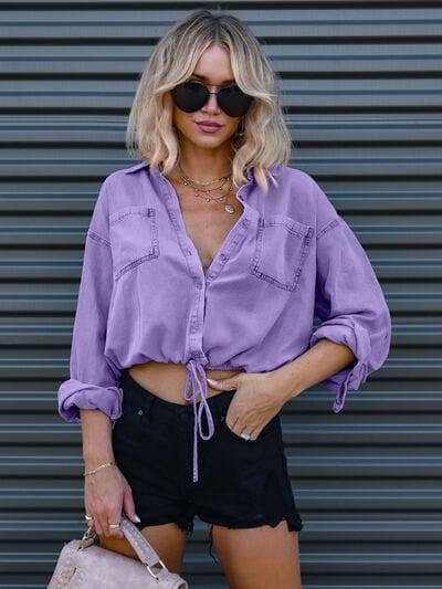 Drawstring Pocketed Button Up Denim Top - Trendsi