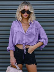 Drawstring Pocketed Button Up Denim Top - Trendsi