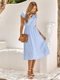 V-Neck Flutter Sleeve Midi Dress - Flyclothing LLC