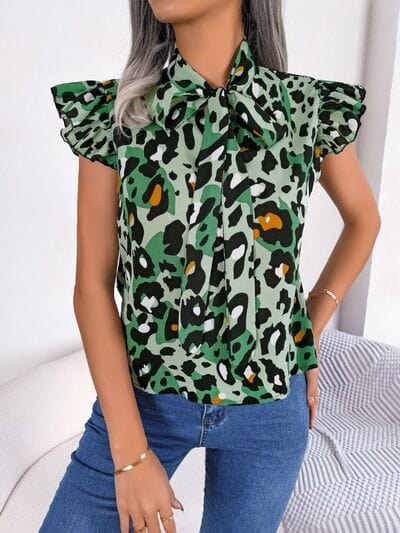 Leopard Tie Neck Cap Sleeve Blouse - Trendsi