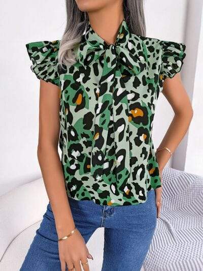 Leopard Tie Neck Cap Sleeve Blouse - Trendsi - Flyclothing LLC