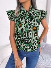 Leopard Tie Neck Cap Sleeve Blouse - Trendsi