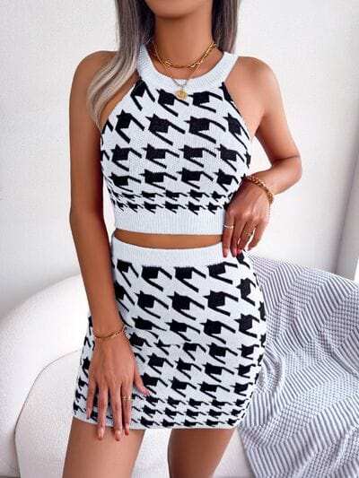 Houndstooth Sleeveless Top and Skirt Sweater Set - Trendsi - Flyclothing LLC