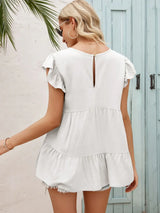 Round Neck Flutter Sleeve Tiered Blouse - Trendsi - Flyclothing LLC