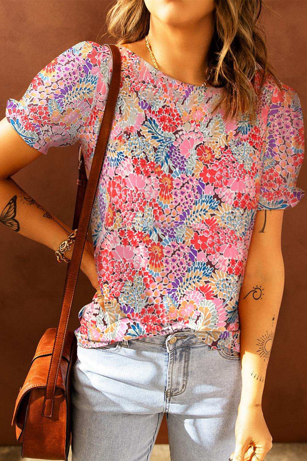 Floral Short Flounce Sleeve Blouse - Trendsi - Flyclothing LLC