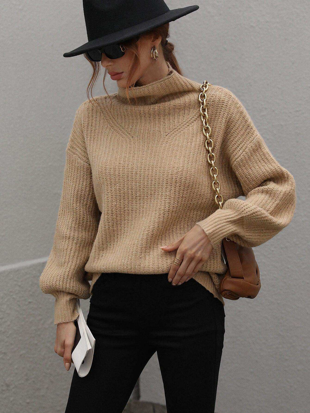High Neck Balloon Sleeve Rib-Knit Pullover Sweater - Trendsi - Flyclothing LLC