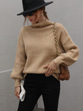High Neck Balloon Sleeve Rib-Knit Pullover Sweater - Trendsi