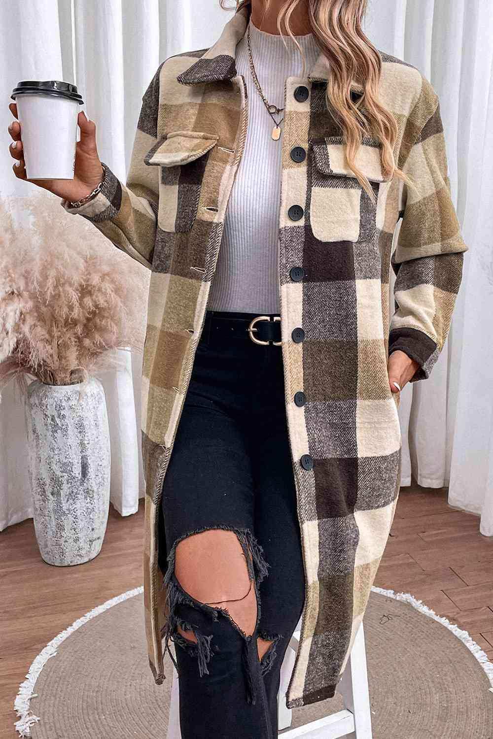 Plaid Button Down Longline Coat - Trendsi - Flyclothing LLC